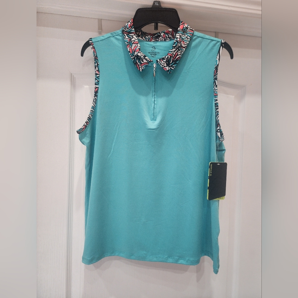 -NWT Emerald 18 Women's Golf Top Sleeveless Split V-Neck UPF 50+ Aqua Blue